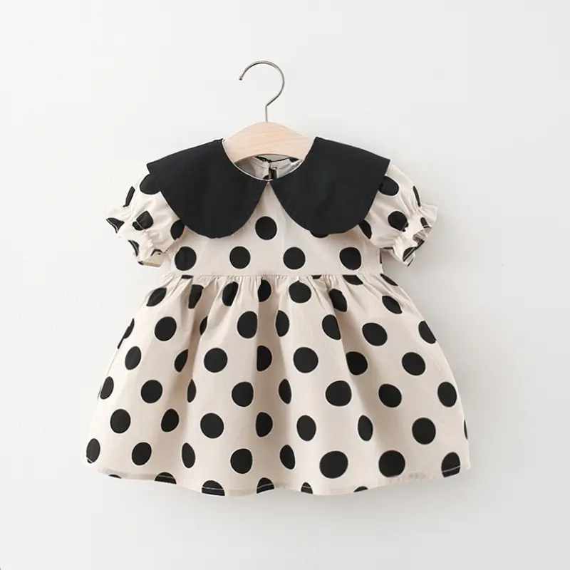 Girls' Summer New Bubble Sleeve Dress Children's Solid Large Polo Neck Cute Dot Print Preschool Princess Dress