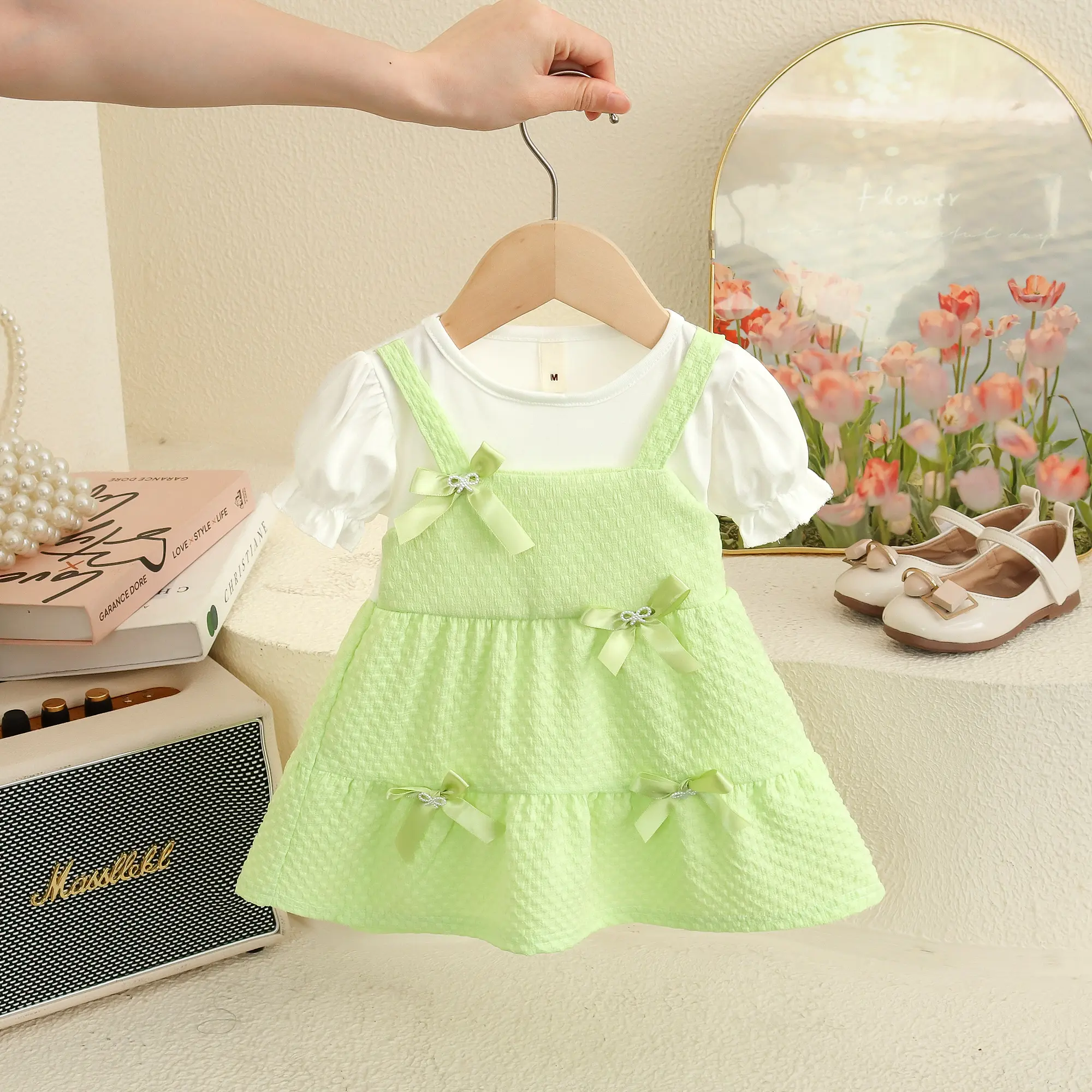 Summer Baby Girl Dresses New Short Sleeved Sweet Toddler Dress Solid Color Bow Plaid Imitation Two Pieces Clothes Baby