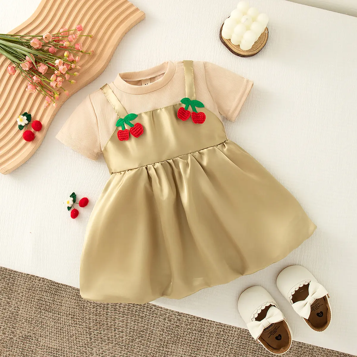 Summer Baby Girl Clothing New Short Sleeved Sweet Girls Dress Imitation Of Two Pieces Solid Color Cherries Baby Dress