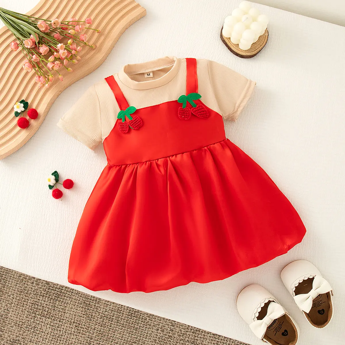 Summer Baby Girl Clothing New Short Sleeved Sweet Girls Dress Imitation Of Two Pieces Solid Color Cherries Baby Dress