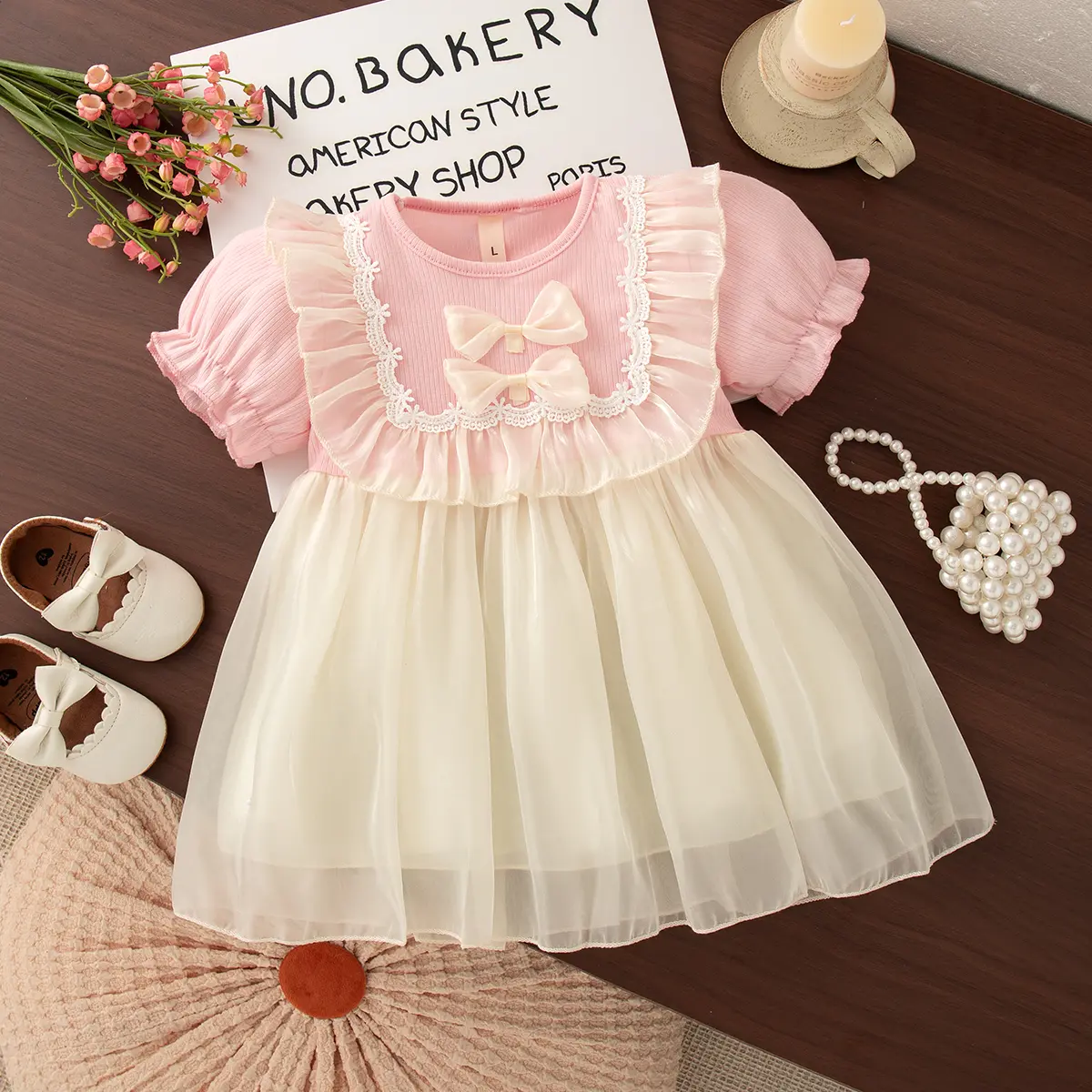 Girl Princess Dresssummer New Short Sleeved Imitation Satin Baby Girl Dresses Solid Color Sweet Bow Baby Clothes