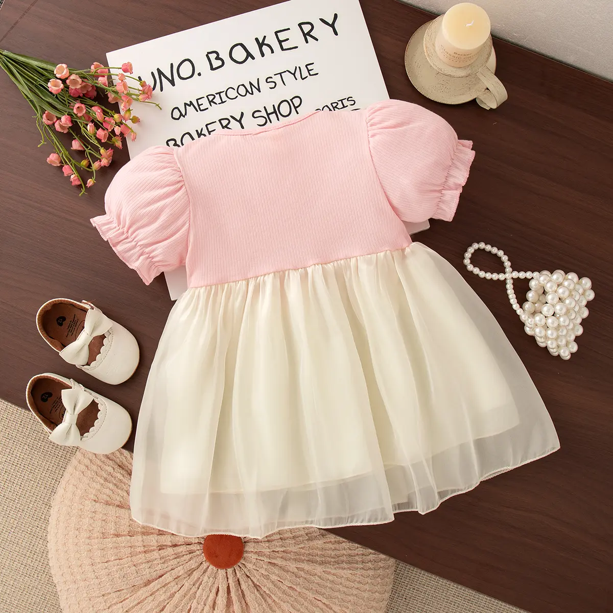 Girl Princess Dresssummer New Short Sleeved Imitation Satin Baby Girl Dresses Solid Color Sweet Bow Baby Clothes