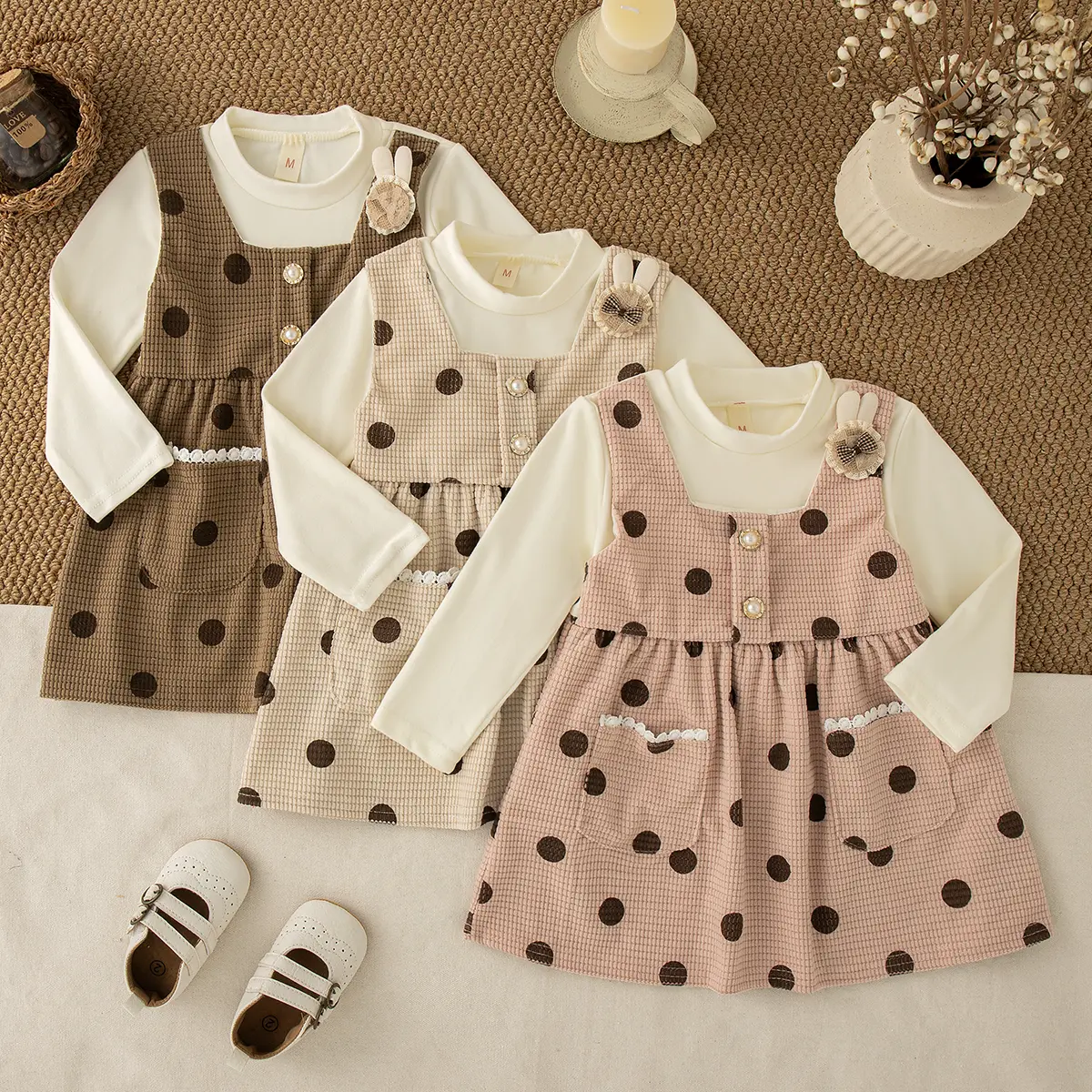 Girl Dress Autumn New Long Sleeved Baby Clothes Polka Dot Print Imitation Of Two Pieces Cute Rabbit Baby Dress