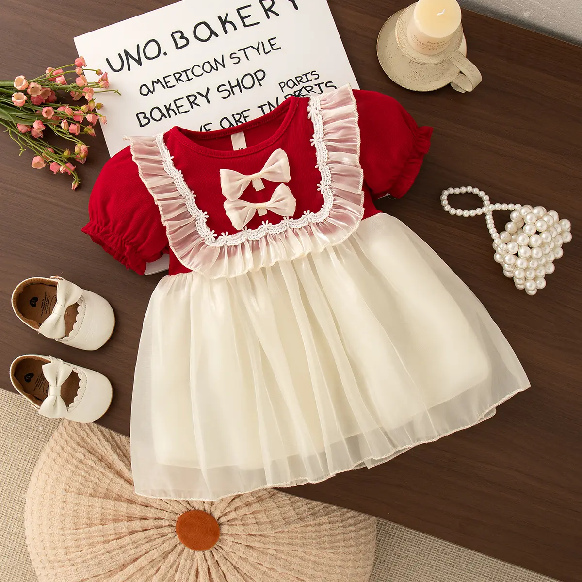 Girl Princess Dresssummer New Short Sleeved Imitation Satin Baby Girl Dresses Solid Color Sweet Bow Baby Clothes