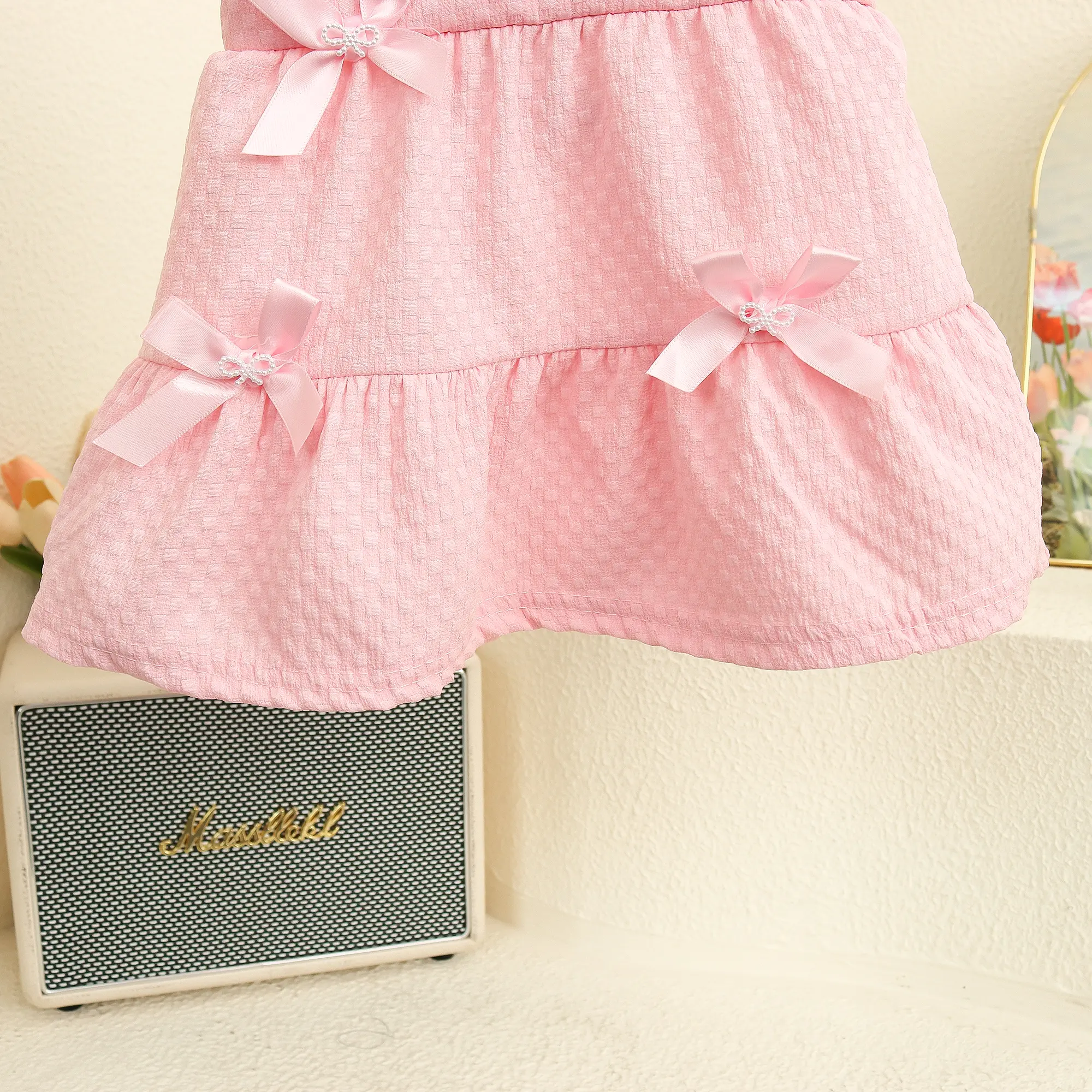 Summer Baby Girl Dresses New Short Sleeved Sweet Toddler Dress Solid Color Bow Plaid Imitation Two Pieces Clothes Baby