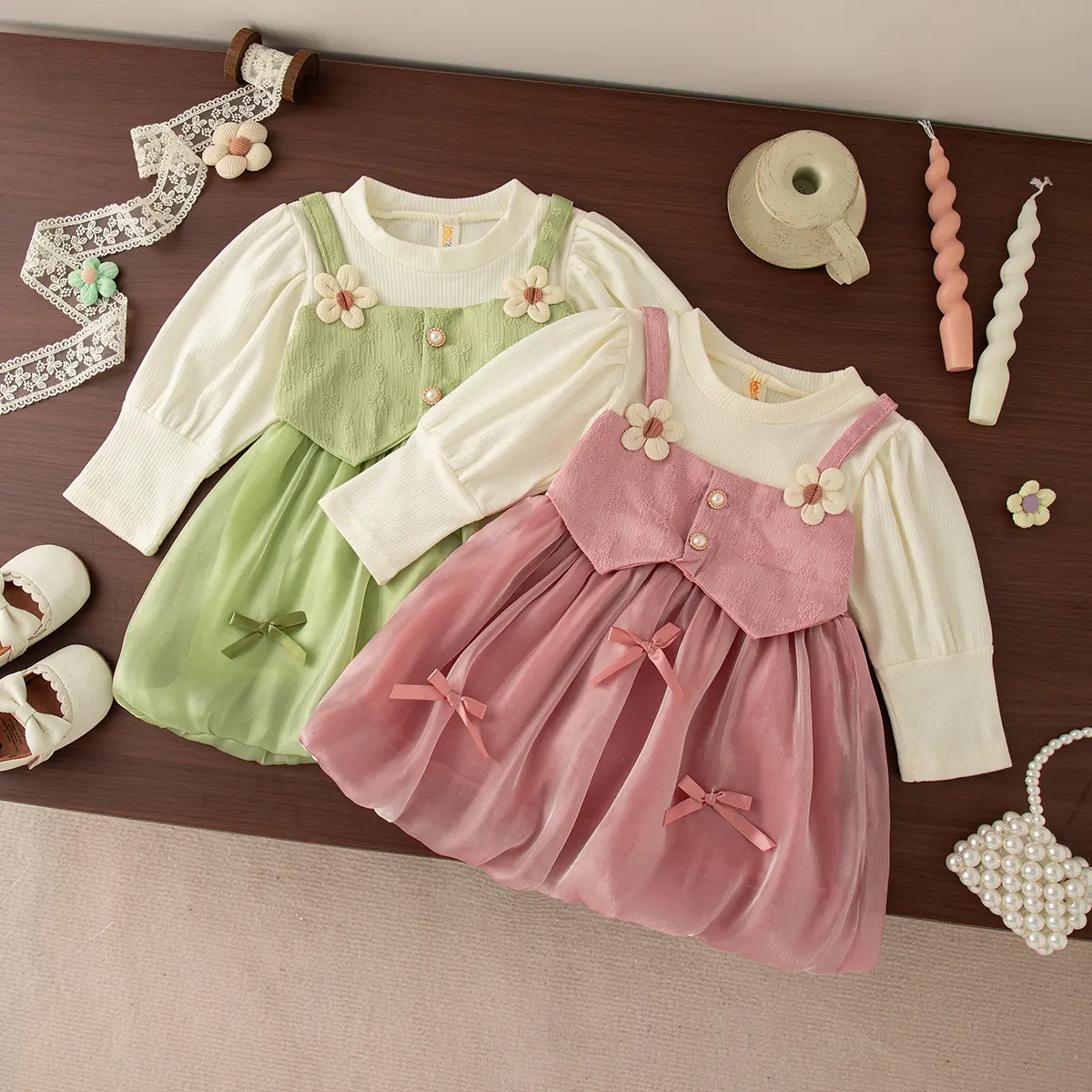 Baby Dresses Autumn New Long Sleeve Toddler Dress Imitation Of Two Pieces Sweet Flower Bow Splicing Girl Clothing