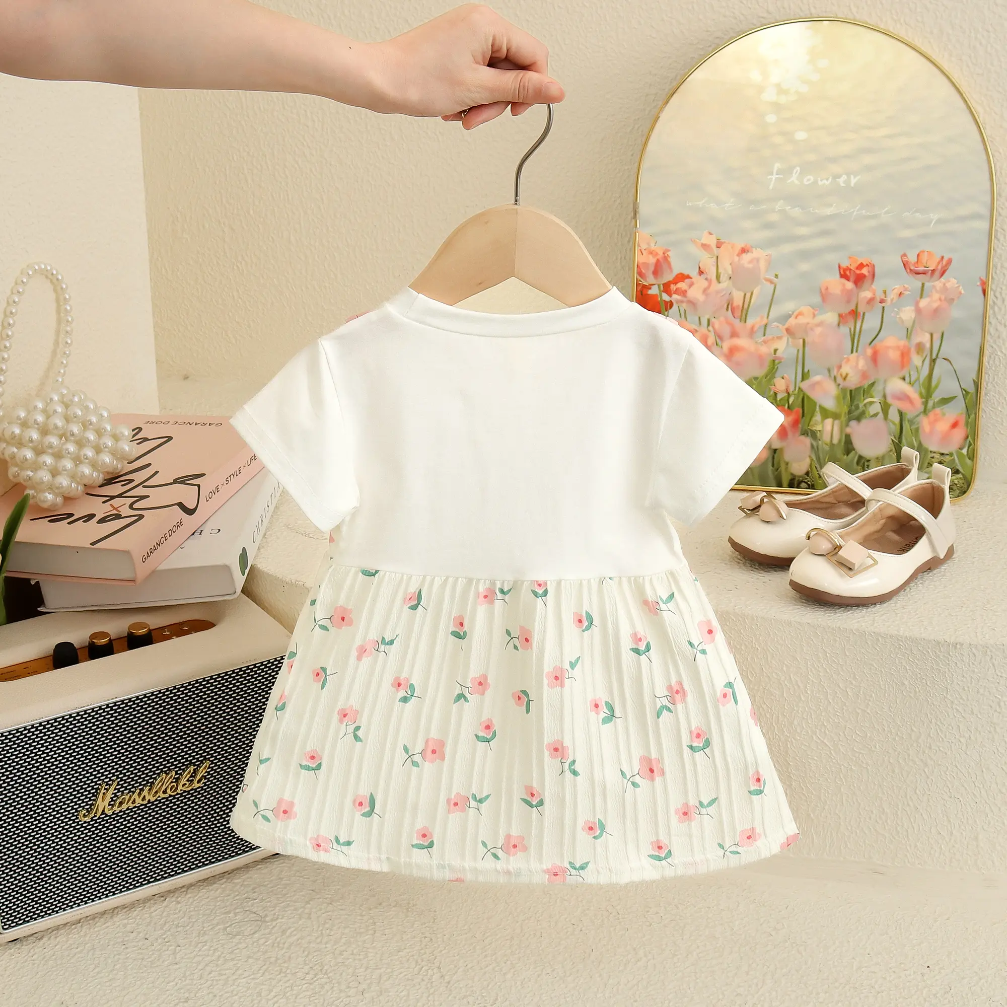 Baby Girl Dress Summer New Short Sleeved Sweet Baby Clothes Flower Print Dresses For Girls Imitation Two Pieces