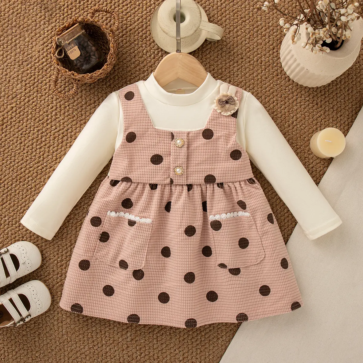 Girl Dress Autumn New Long Sleeved Baby Clothes Polka Dot Print Imitation Of Two Pieces Cute Rabbit Baby Dress