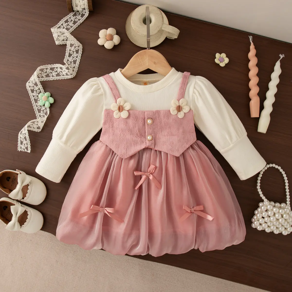 Baby Dresses Autumn New Long Sleeve Toddler Dress Imitation Of Two Pieces Sweet Flower Bow Splicing Girl Clothing
