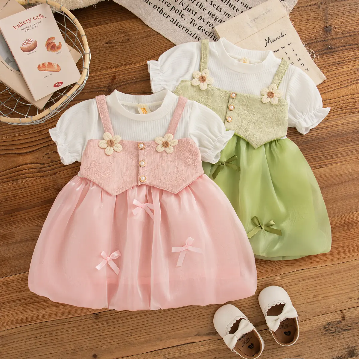 Toddler Dress Summer New Short Sleeved Baby Girl Dress Imitation Of Two Pieces Sweet Bow 3d Flower Girl Clothing