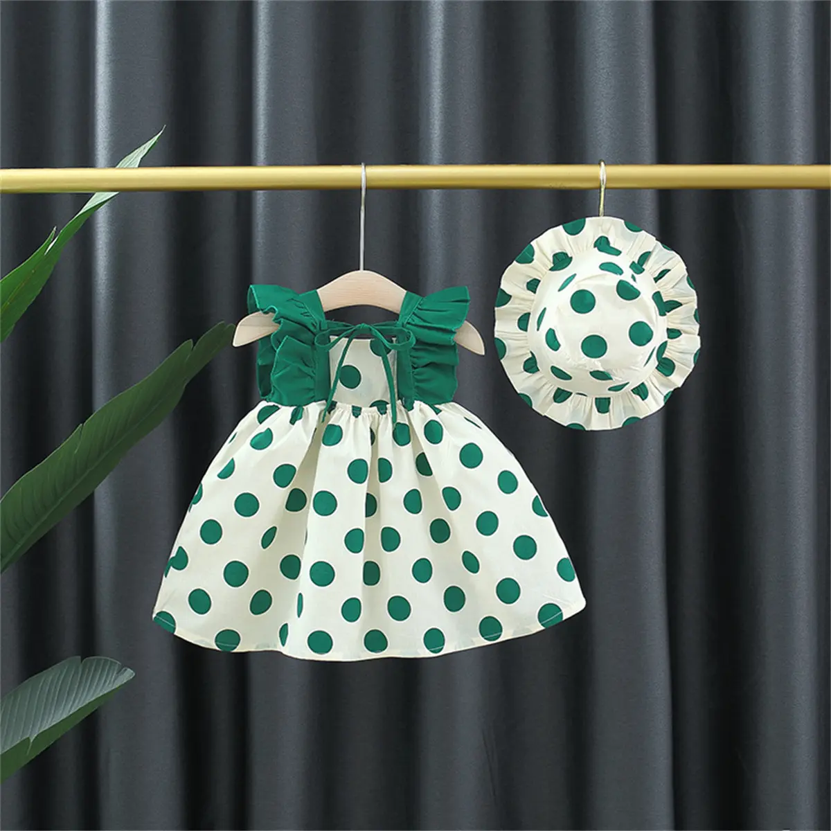 2-Piece Baby Girl Summer Outfit+Hat Baby Dot Print Lace Cotton Sleeveless Daily Dress Children'S Soft Clothes