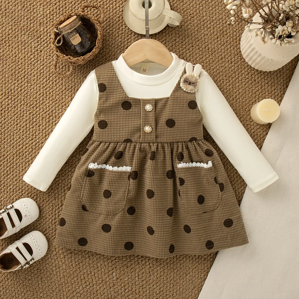 Girl Dress Autumn New Long Sleeved Baby Clothes Polka Dot Print Imitation Of Two Pieces Cute Rabbit Baby Dress