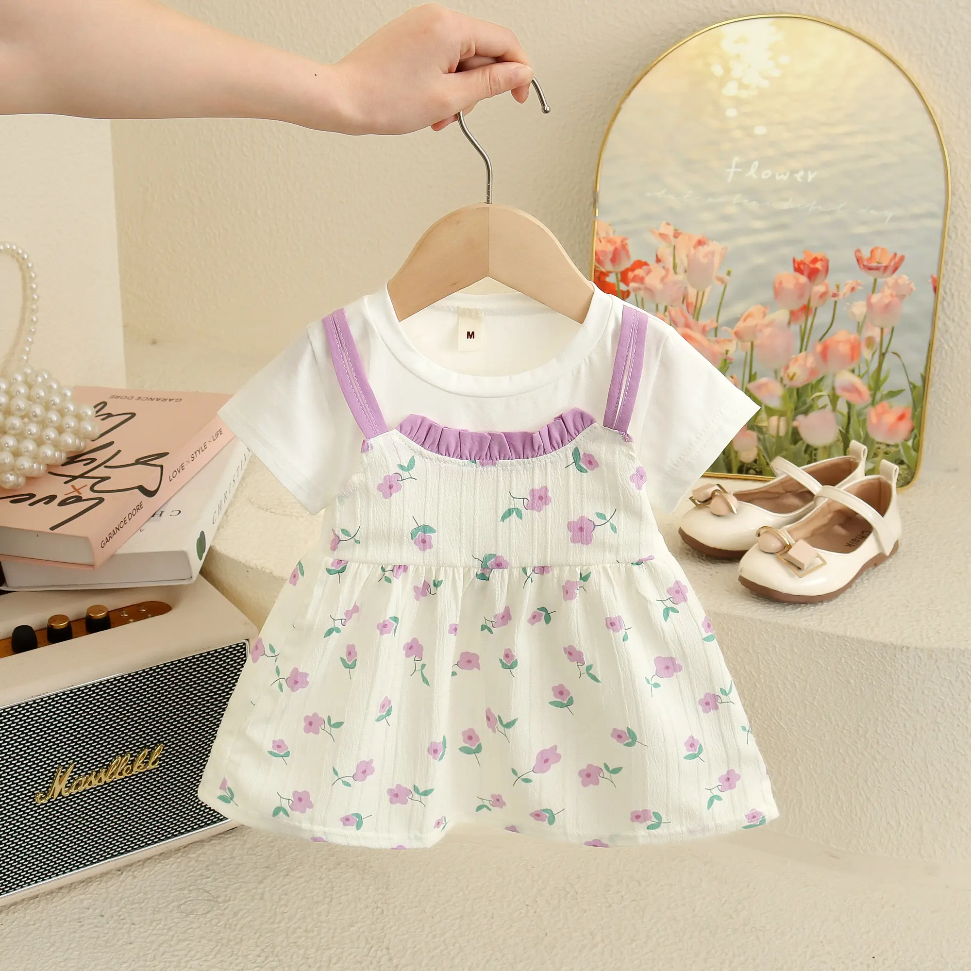Baby Girl Dress Summer New Short Sleeved Sweet Baby Clothes Flower Print Dresses For Girls Imitation Two Pieces