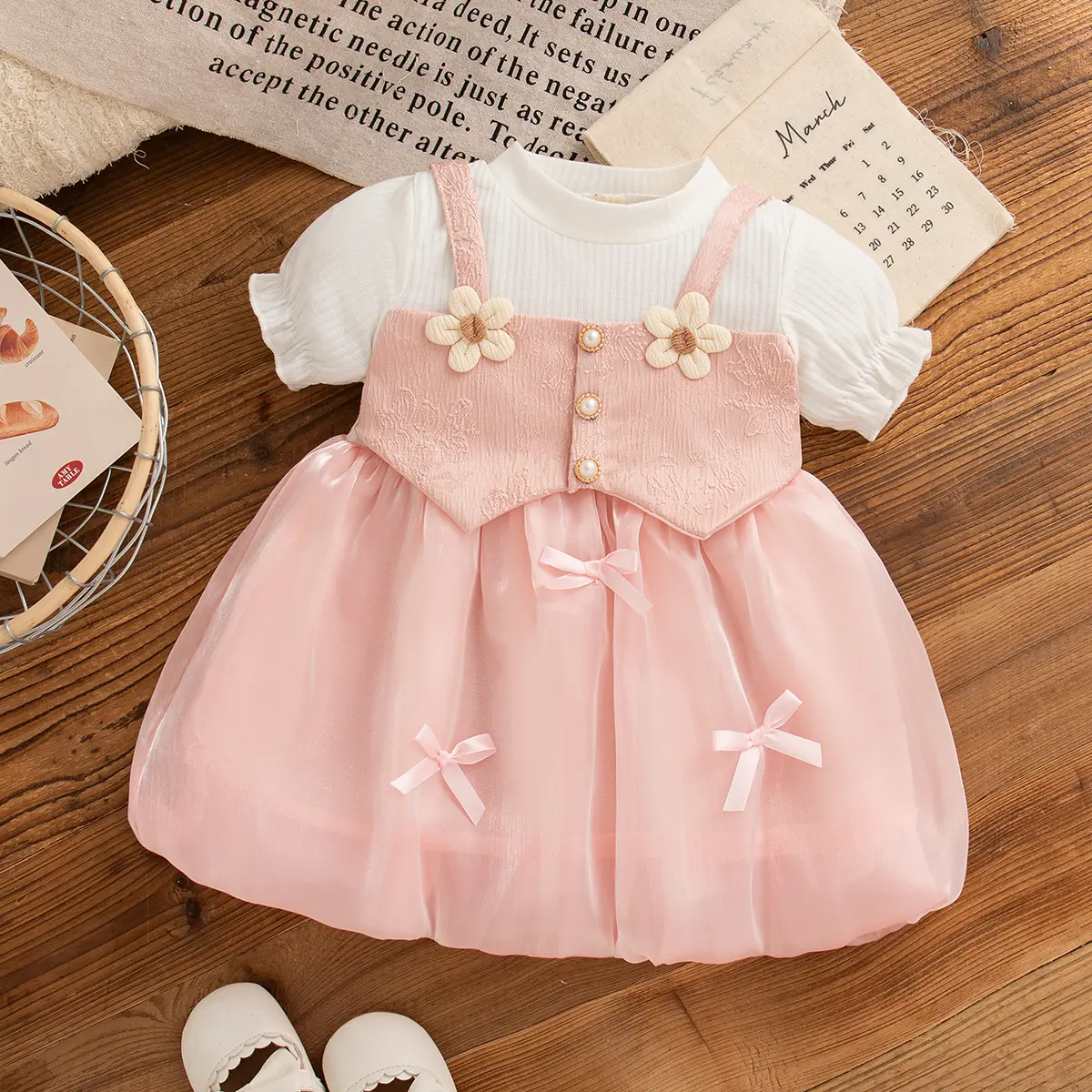 Toddler Dress Summer New Short Sleeved Baby Girl Dress Imitation Of Two Pieces Sweet Bow 3d Flower Girl Clothing