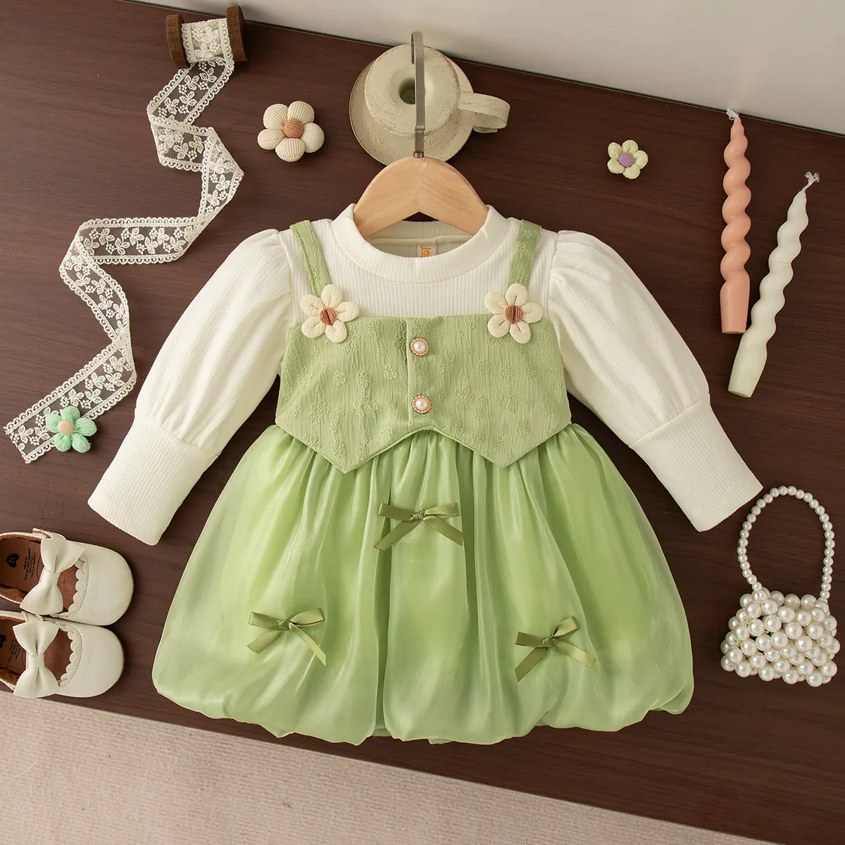 Baby Dresses Autumn New Long Sleeve Toddler Dress Imitation Of Two Pieces Sweet Flower Bow Splicing Girl Clothing