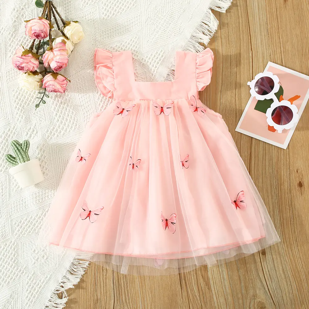 Summer New Girl's Dress Sweet Hanging Strap Butterfly Mesh Cute Back Butterfly Wings Mesh Dress Princess Dress Suitable for 0-3