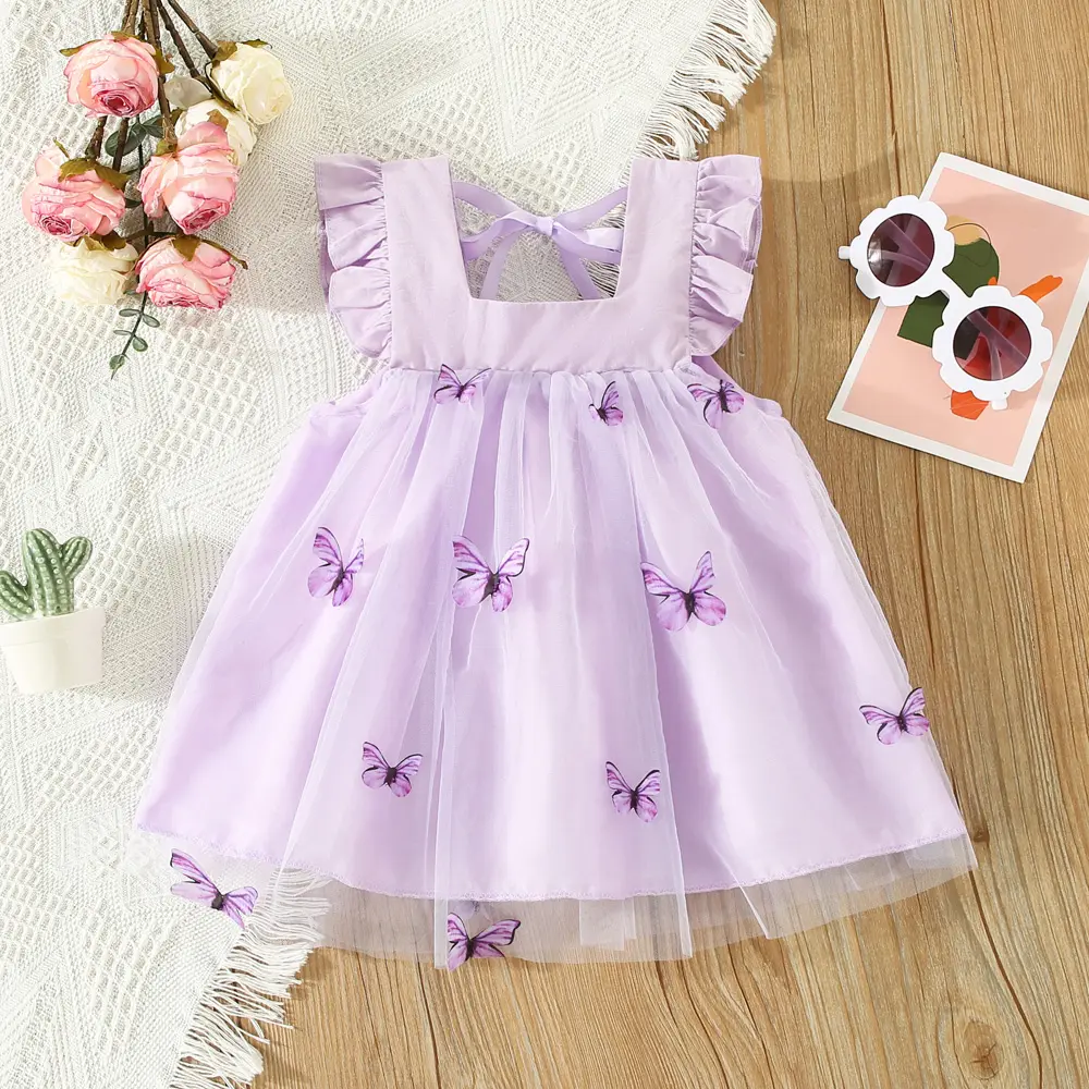 Summer New Girl's Dress Sweet Hanging Strap Butterfly Mesh Cute Back Butterfly Wings Mesh Dress Princess Dress Suitable for 0-3