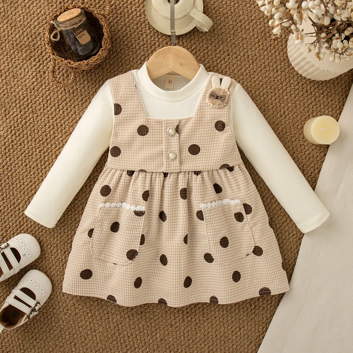 Girl Dress Autumn New Long Sleeved Baby Clothes Polka Dot Print Imitation Of Two Pieces Cute Rabbit Baby Dress