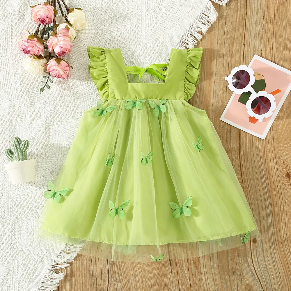 Summer New Girl's Dress Sweet Hanging Strap Butterfly Mesh Cute Back Butterfly Wings Mesh Dress Princess Dress Suitable for 0-3