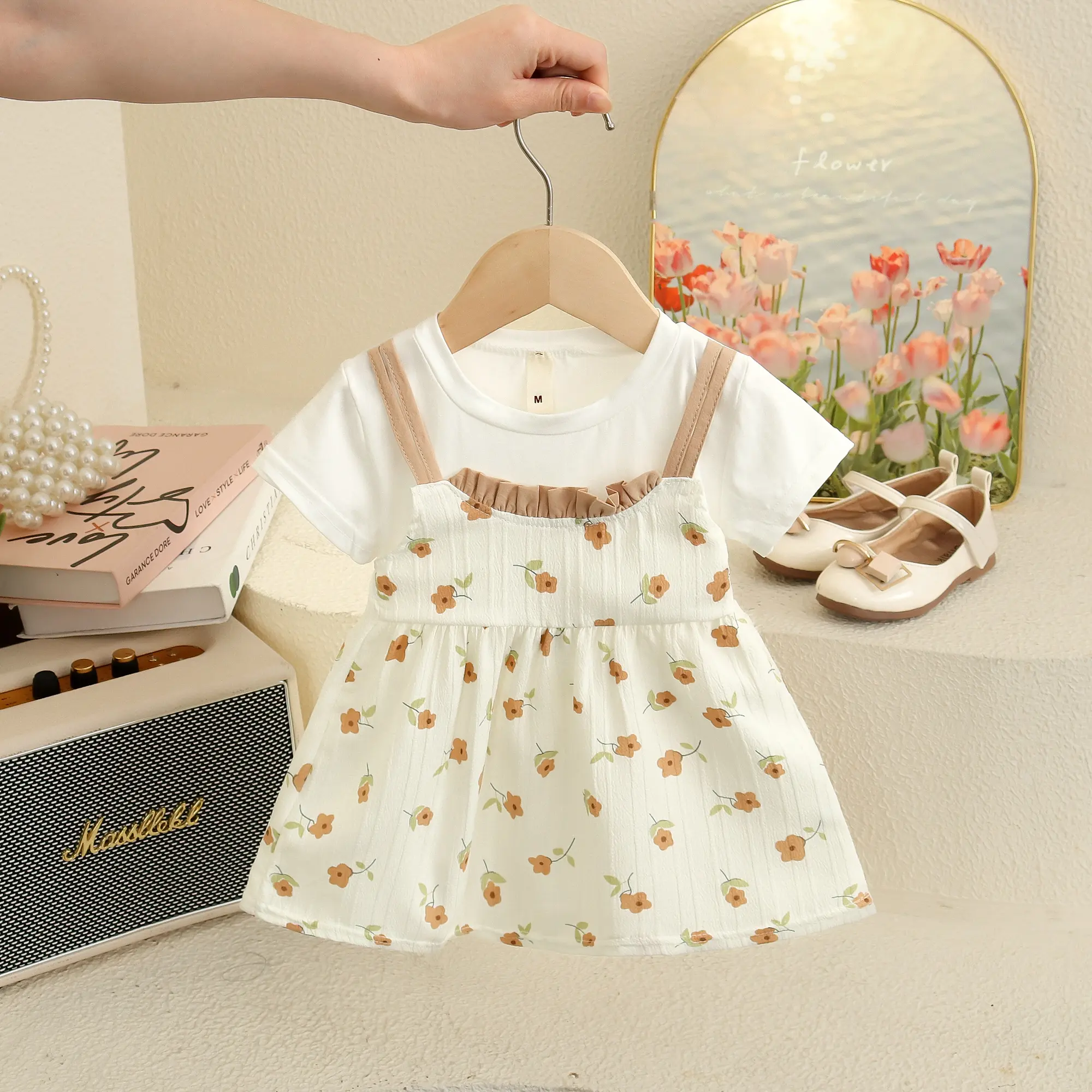 Baby Girl Dress Summer New Short Sleeved Sweet Baby Clothes Flower Print Dresses For Girls Imitation Two Pieces