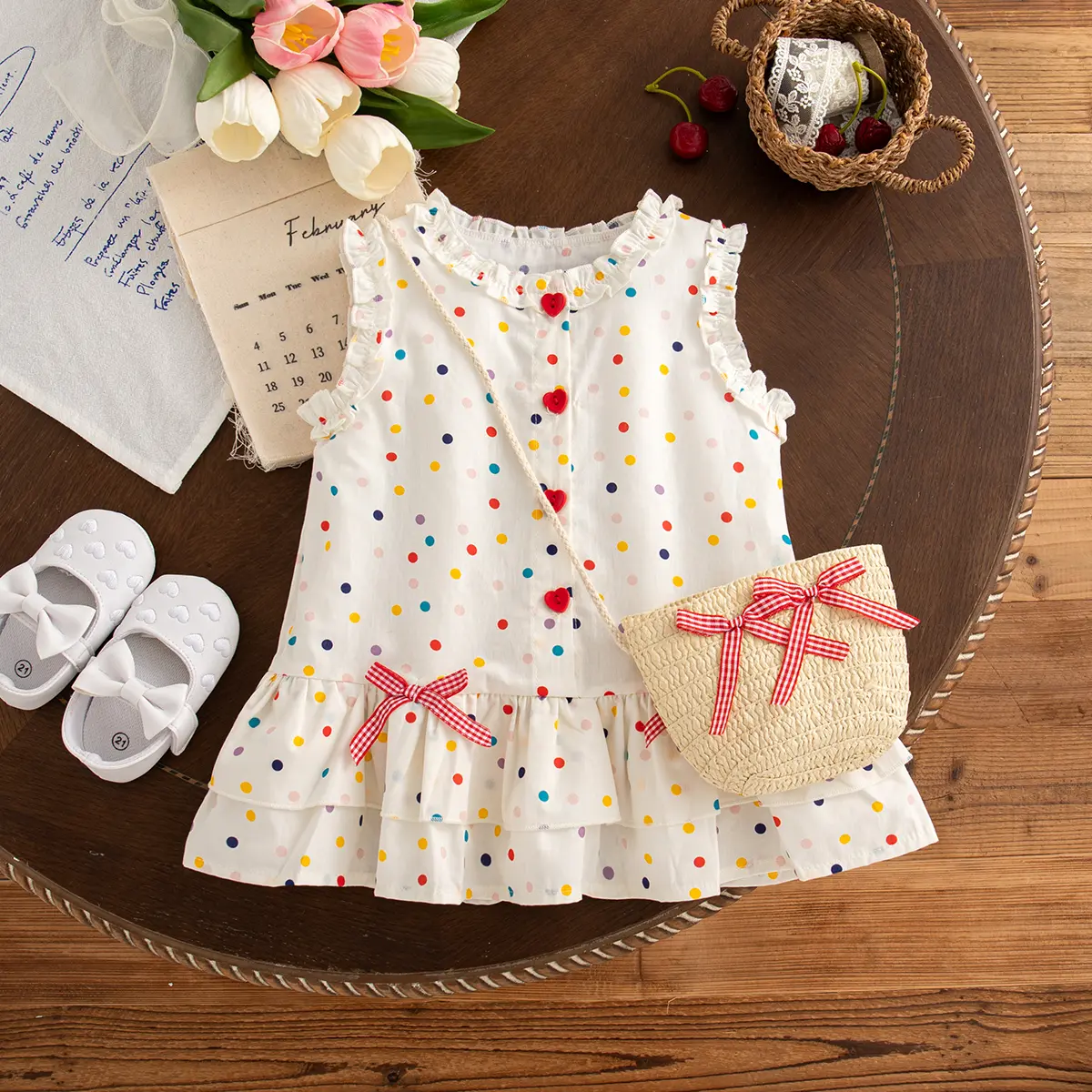 Toddler Dress Summer New Sleeveless Sweet Girl Clothes Colored Polka Dot Bow With Ruffled Edges Baby Dresses
