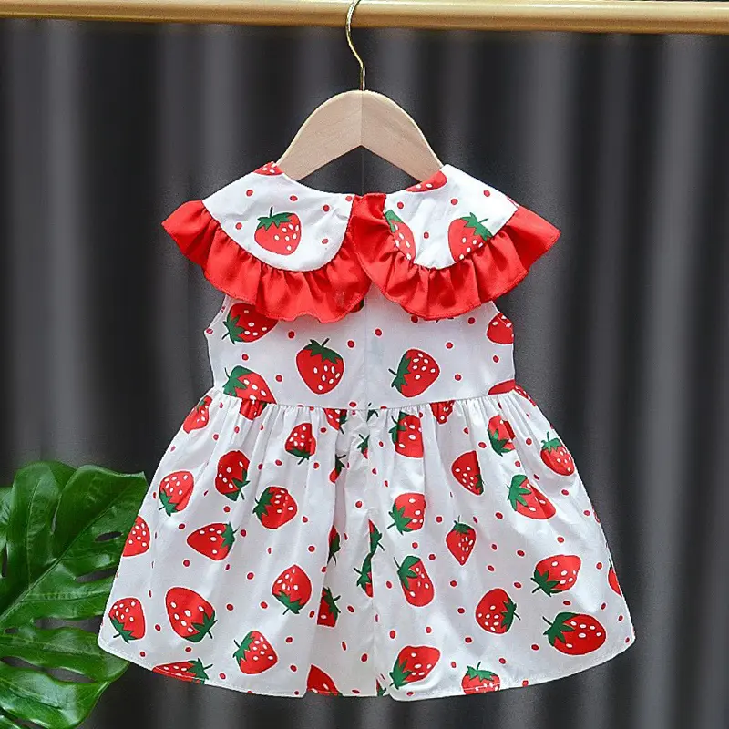 Girls' Dress Bag 2/Piece Set Summer Little Girl Big Collar Full of Strawberry Dot Printed Princess Dress