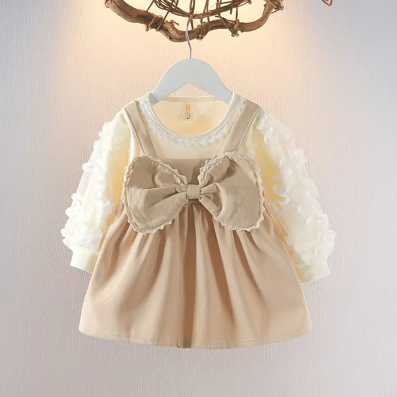 Cute Long Sleeved Girls' Dresses For Spring And Autumn Baby Girls' Big Butterfly Lace Bubble Sleeves Fake Two-Piece Dresses