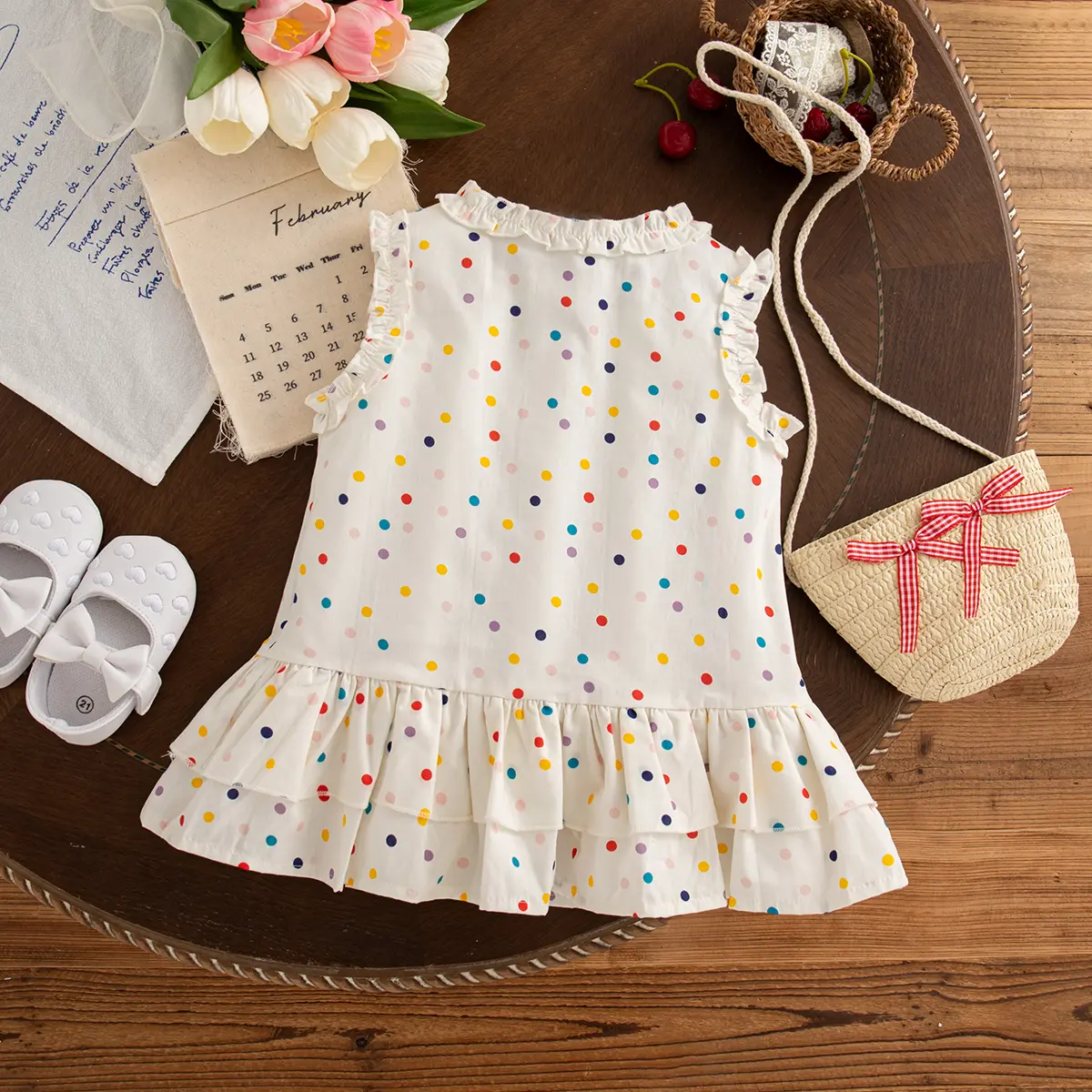 Toddler Dress Summer New Sleeveless Sweet Girl Clothes Colored Polka Dot Bow With Ruffled Edges Baby Dresses