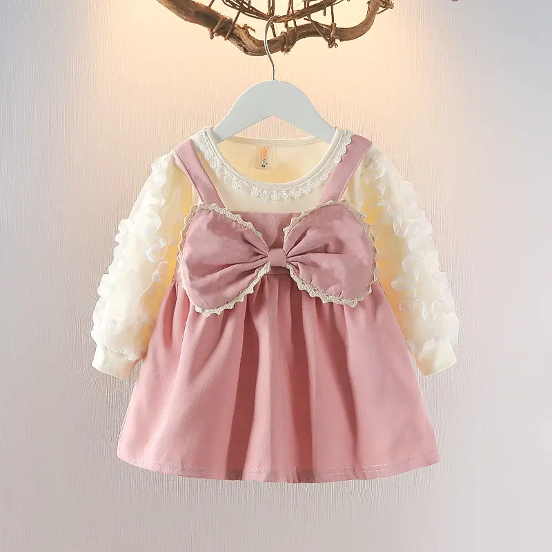 Cute Long Sleeved Girls' Dresses For Spring And Autumn Baby Girls' Big Butterfly Lace Bubble Sleeves Fake Two-Piece Dresses