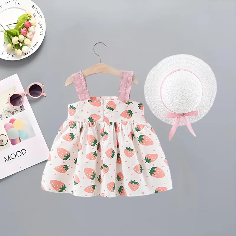 2 Pcs Baby Girl Dresses+hats Summer Baby Girl Big Bow Strawberry Print Suspender Square Neck Sweet Princess Birthday Dress