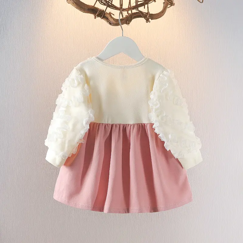 Cute Long Sleeved Girls' Dresses For Spring And Autumn Baby Girls' Big Butterfly Lace Bubble Sleeves Fake Two-Piece Dresses