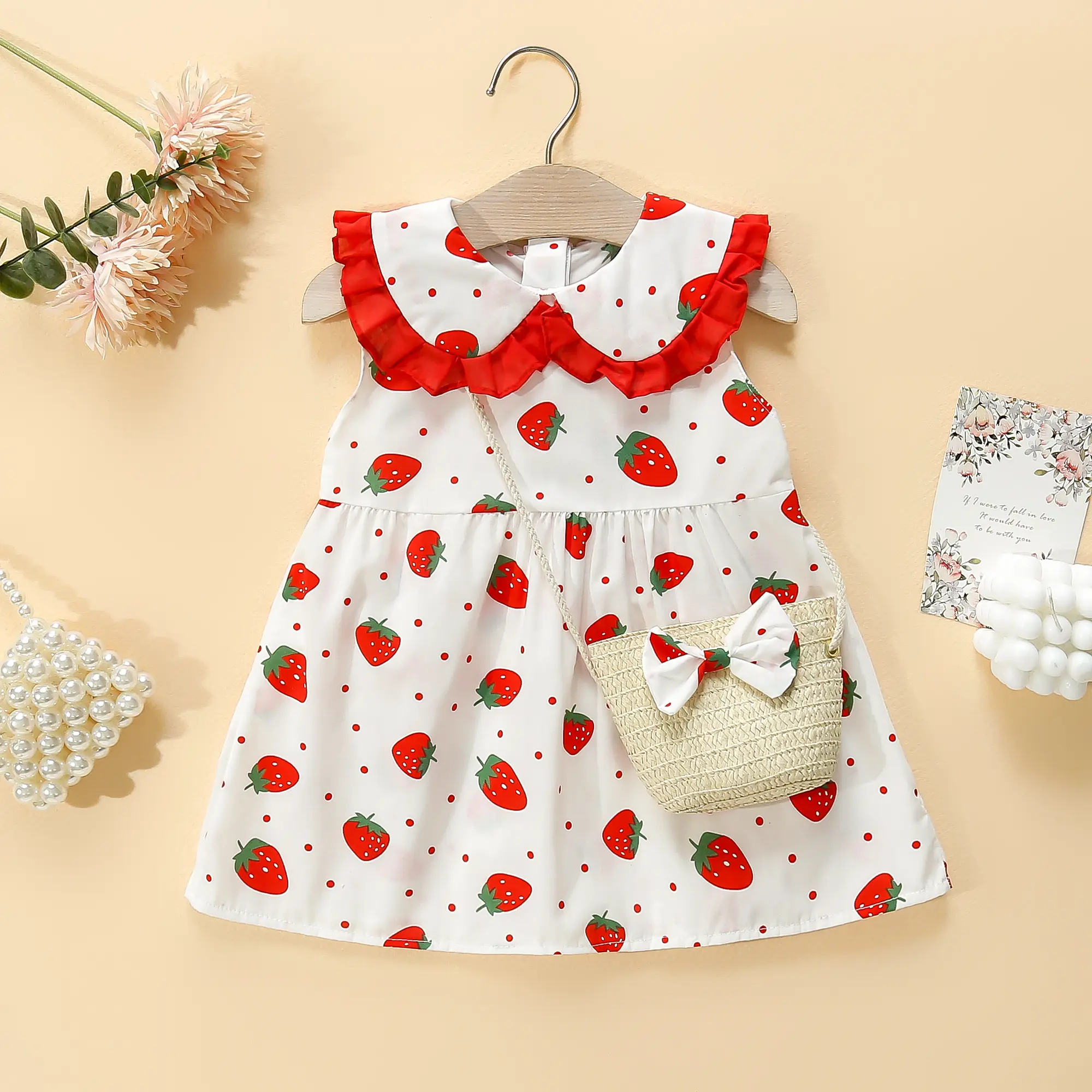 Girls' Dress Bag 2/Piece Set Summer Little Girl Big Collar Full of Strawberry Dot Printed Princess Dress