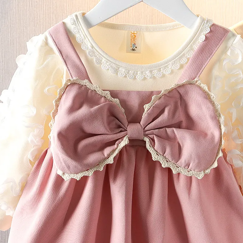 Cute Long Sleeved Girls' Dresses For Spring And Autumn Baby Girls' Big Butterfly Lace Bubble Sleeves Fake Two-Piece Dresses
