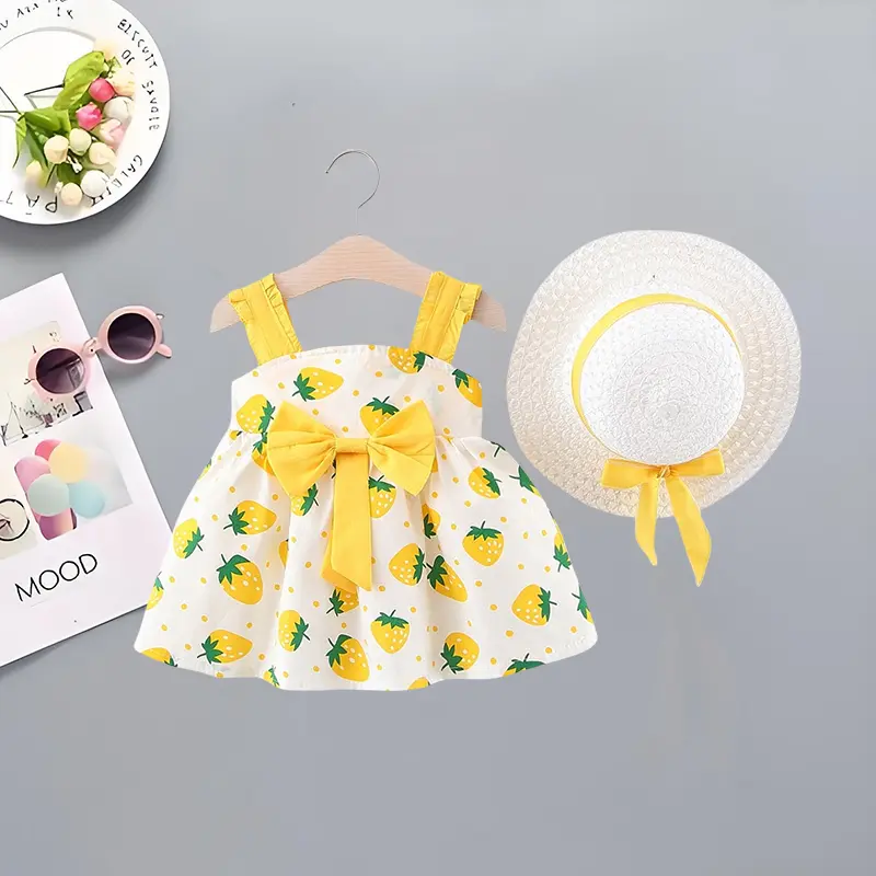 2 Pcs Baby Girl Dresses+hats Summer Baby Girl Big Bow Strawberry Print Suspender Square Neck Sweet Princess Birthday Dress