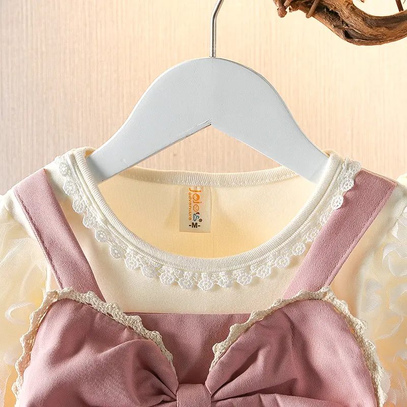Cute Long Sleeved Girls' Dresses For Spring And Autumn Baby Girls' Big Butterfly Lace Bubble Sleeves Fake Two-Piece Dresses