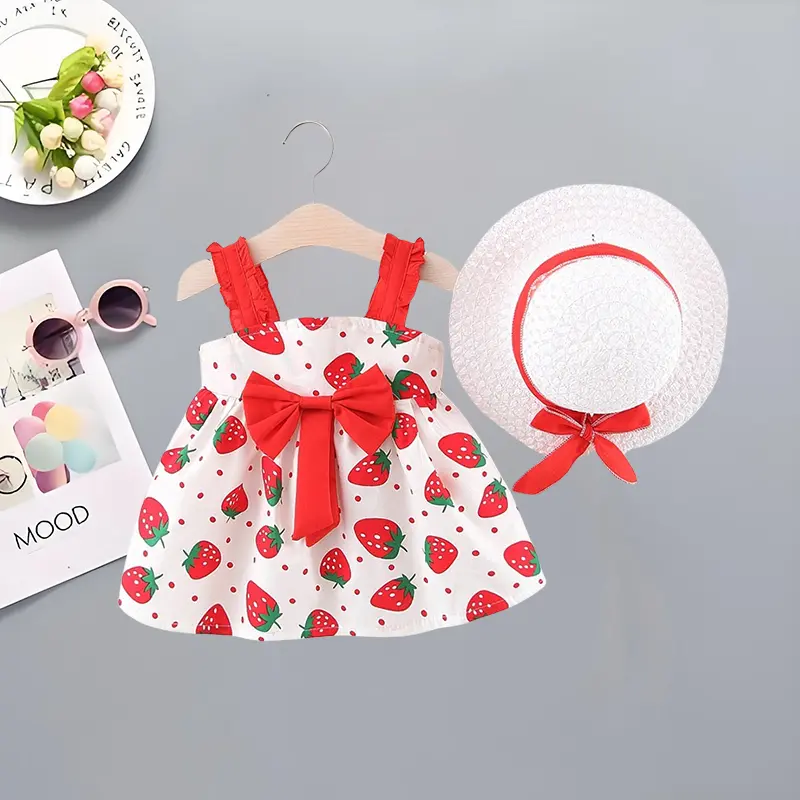 2 Pcs Baby Girl Dresses+hats Summer Baby Girl Big Bow Strawberry Print Suspender Square Neck Sweet Princess Birthday Dress