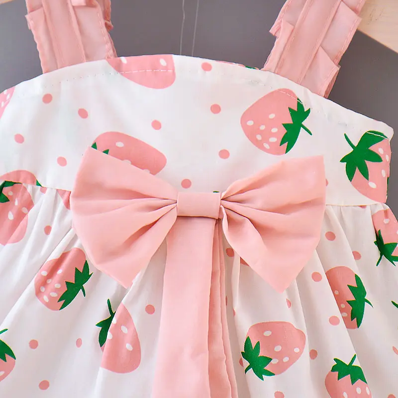 2 Pcs Baby Girl Dresses+hats Summer Baby Girl Big Bow Strawberry Print Suspender Square Neck Sweet Princess Birthday Dress