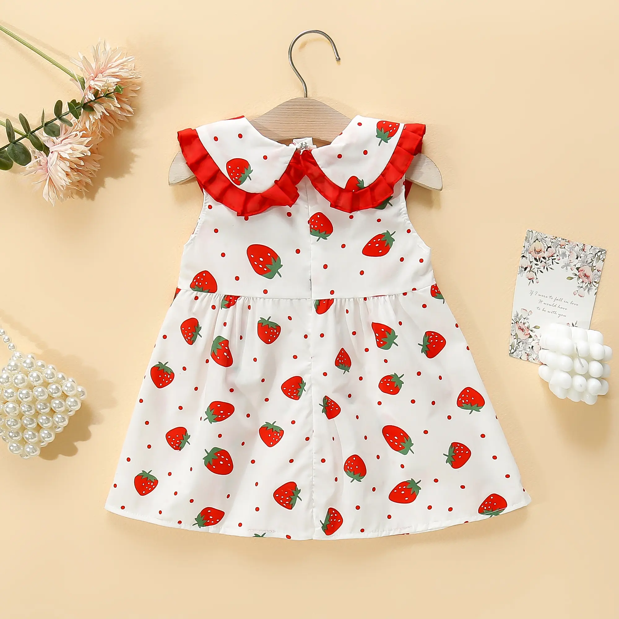 Girls' Dress Bag 2/Piece Set Summer Little Girl Big Collar Full of Strawberry Dot Printed Princess Dress