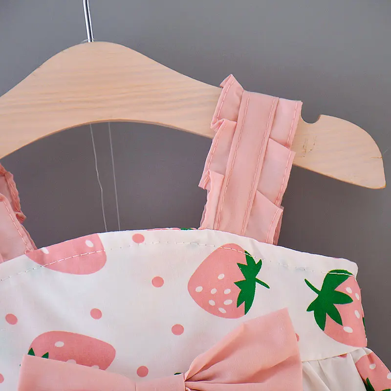 2 Pcs Baby Girl Dresses+hats Summer Baby Girl Big Bow Strawberry Print Suspender Square Neck Sweet Princess Birthday Dress