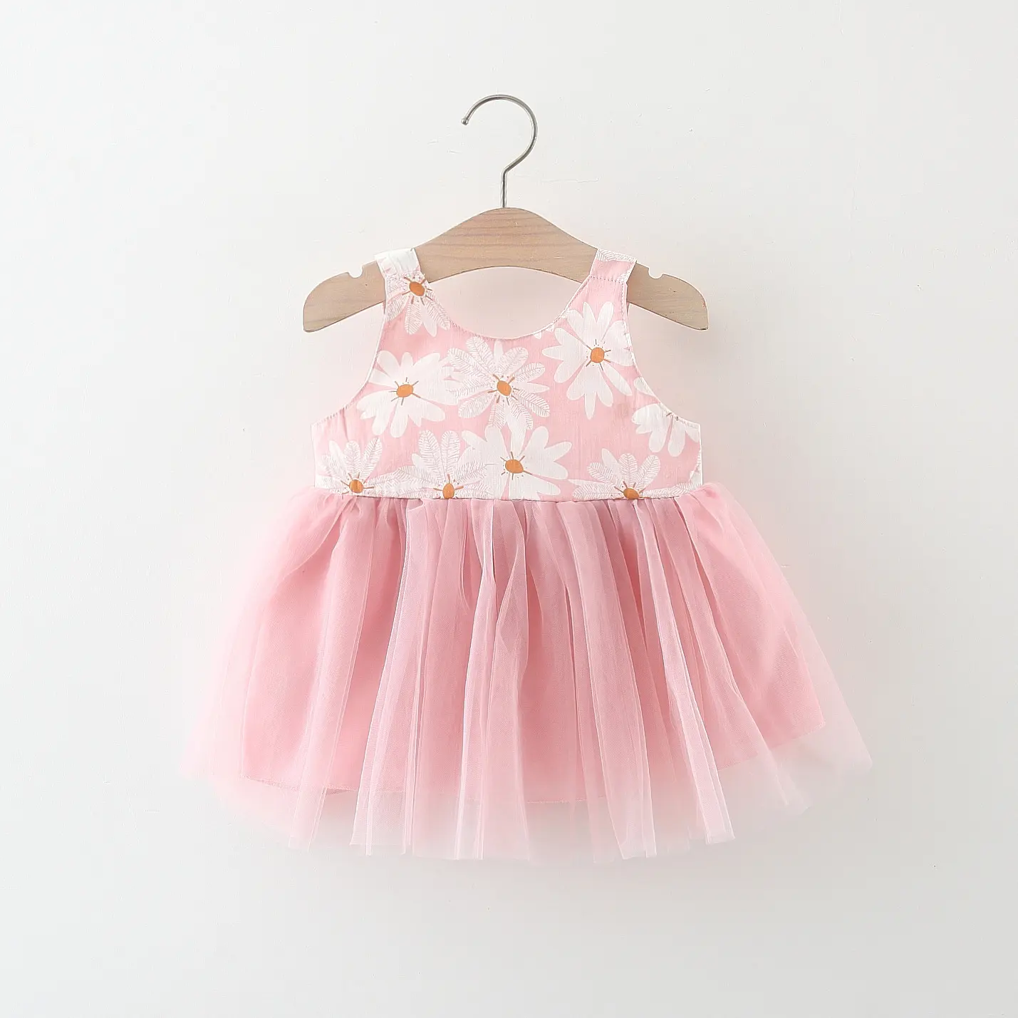 Summer girl baby dress newborn baby chrysanthemum print splicing mesh large bow sleeveless princess dress