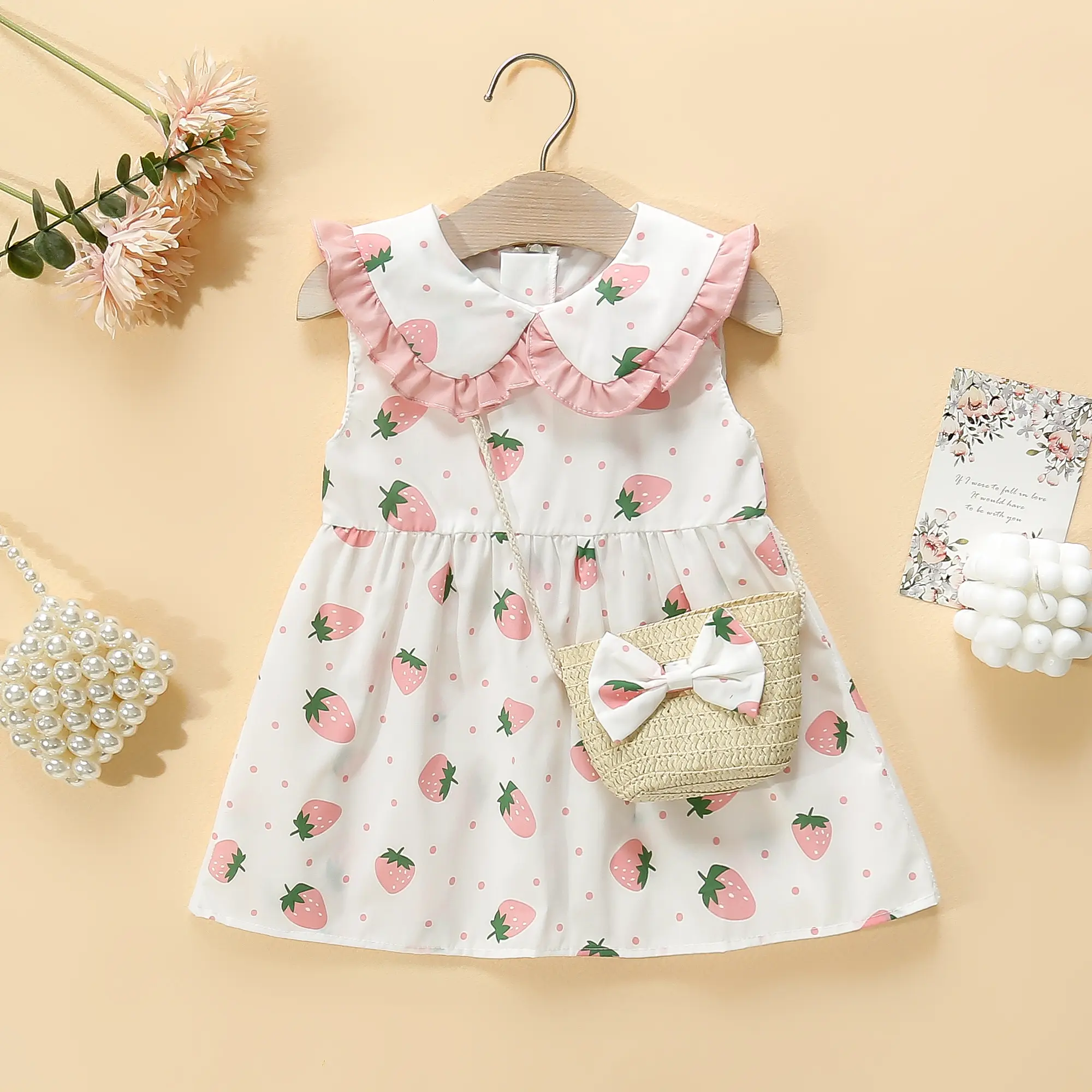 Girls' Dress Bag 2/Piece Set Summer Little Girl Big Collar Full of Strawberry Dot Printed Princess Dress