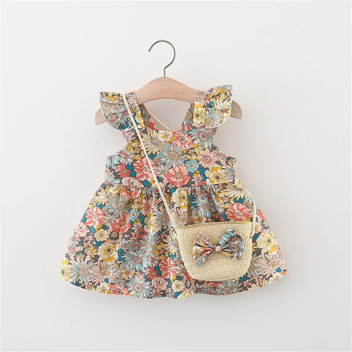 A 2-Piece Set Of Summer New Girls' Small Flying Sleeves Printed Casual Dress+Bag Suitable For Babies Aged 0-2 Years Old