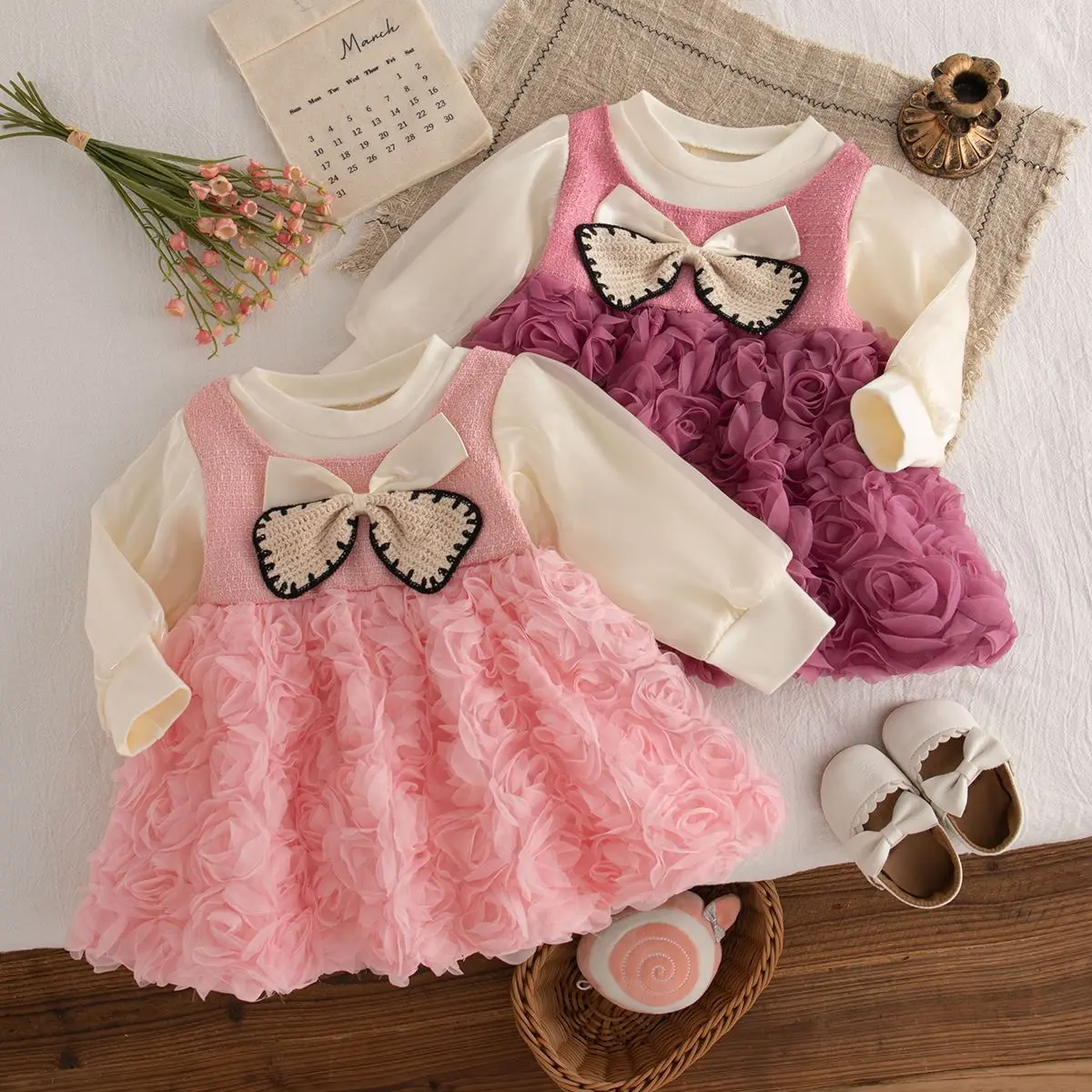 Girls Dress Autumn New Long Sleeved Baby Dress Solid Color Imitation Two Piece Mesh 3d Flower Bow Clothes Girl