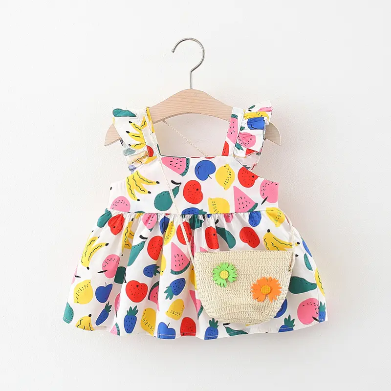A 2-Piece Set Of Summer New Girls' Small Flying Sleeves Printed Casual Dress+Bag Suitable For Babies Aged 0-2 Years Old