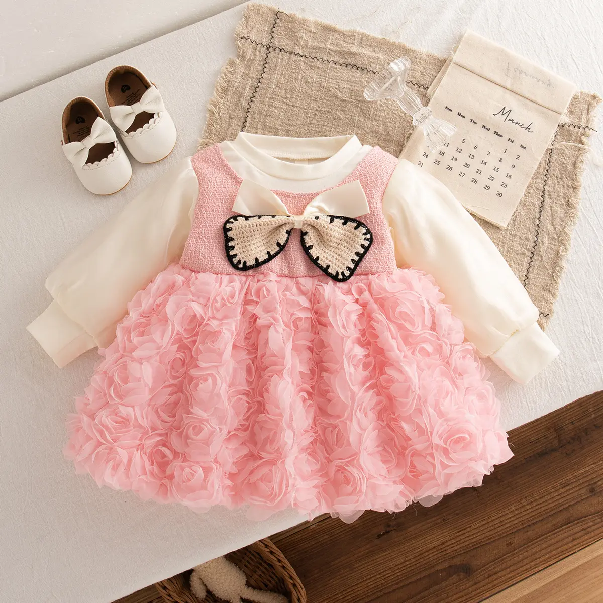 Girls Dress Autumn New Long Sleeved Baby Dress Solid Color Imitation Two Piece Mesh 3d Flower Bow Clothes Girl