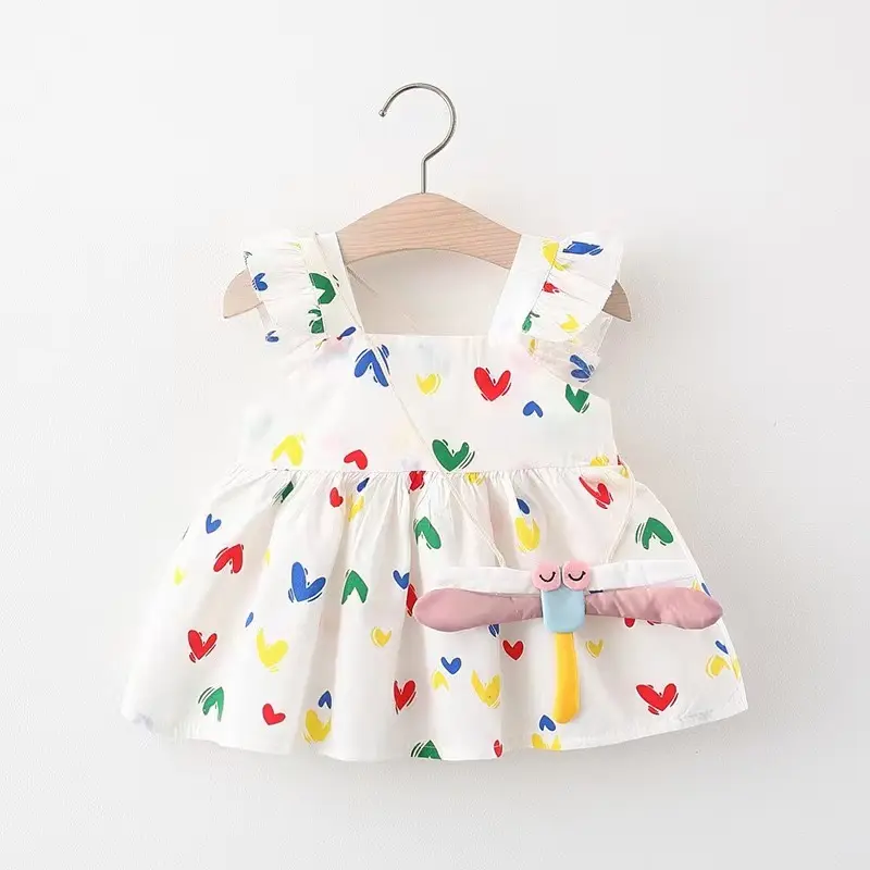 A 2-Piece Set Of Summer New Girls' Small Flying Sleeves Printed Casual Dress+Bag Suitable For Babies Aged 0-2 Years Old