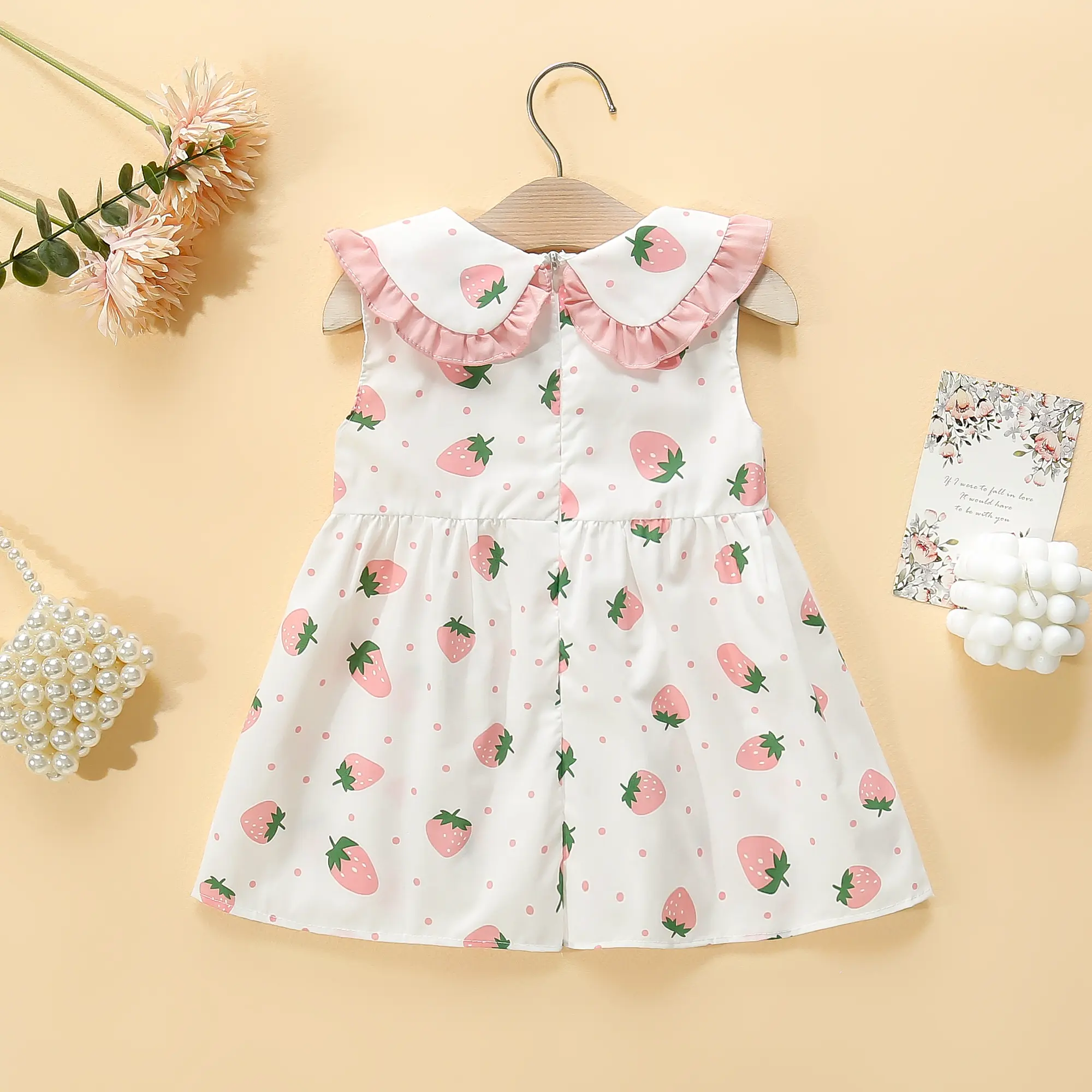 Girls' Dress Bag 2/Piece Set Summer Little Girl Big Collar Full of Strawberry Dot Printed Princess Dress