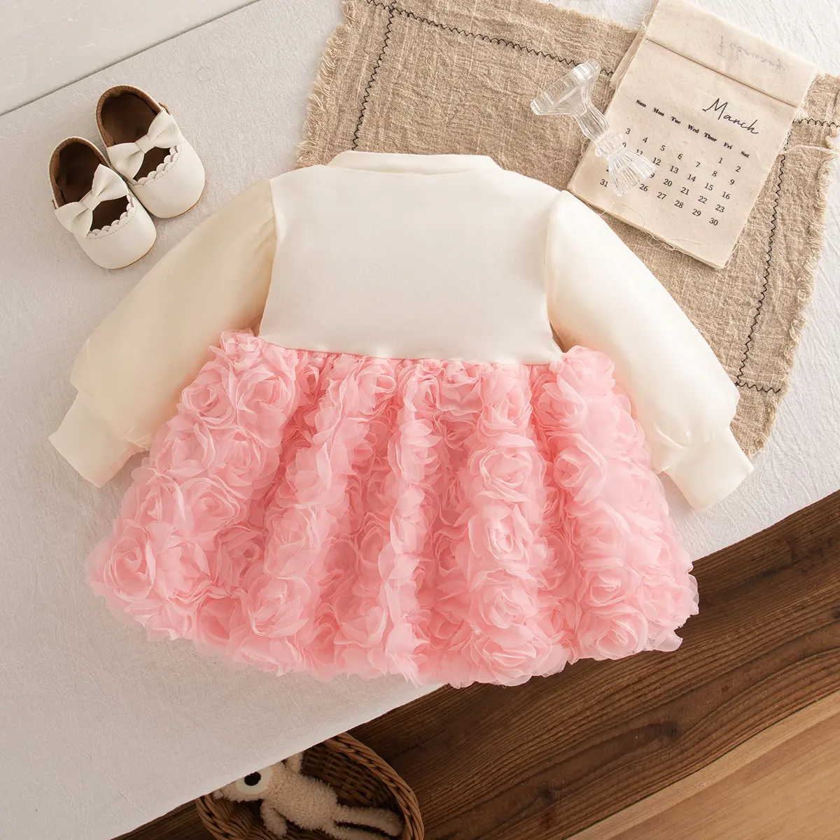 Girls Dress Autumn New Long Sleeved Baby Dress Solid Color Imitation Two Piece Mesh 3d Flower Bow Clothes Girl