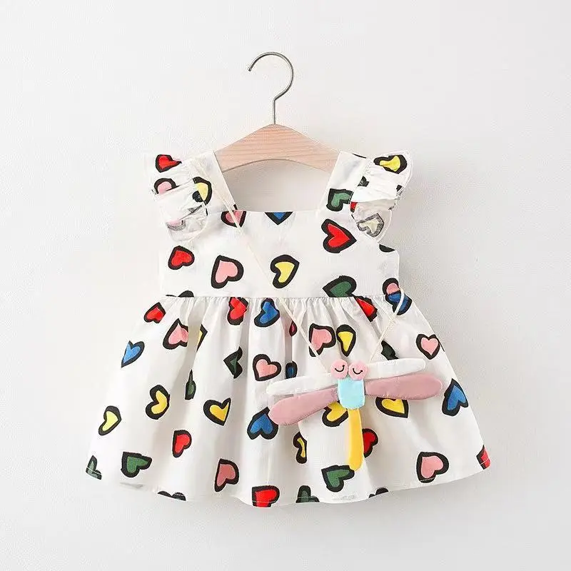 A 2-Piece Set Of Summer New Girls' Small Flying Sleeves Printed Casual Dress+Bag Suitable For Babies Aged 0-2 Years Old