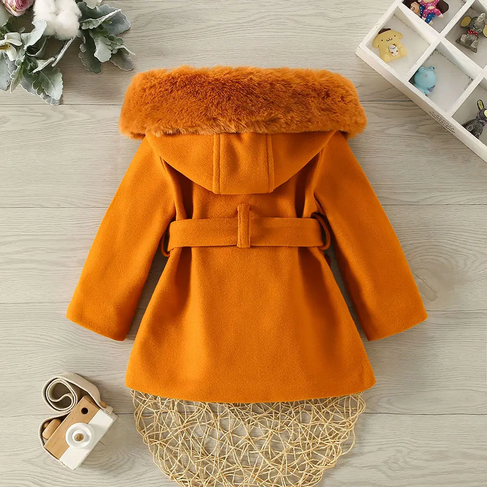 Autumn and Winter New Girls' Big Wool Collar Hooded Woolen Coat Children's Cute Solid Belt Bow Fleece Coat